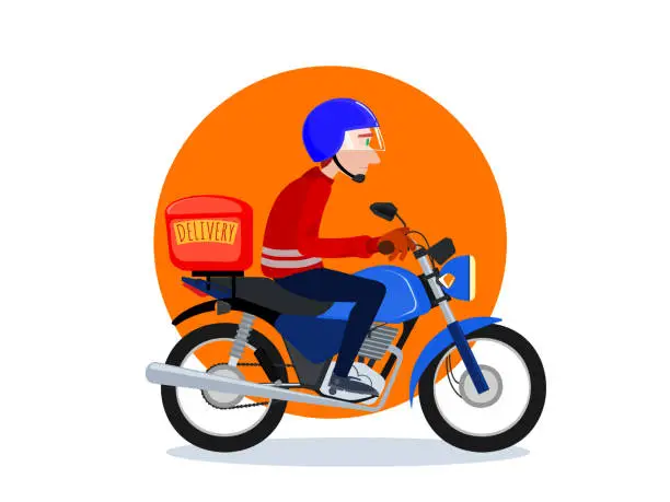 Vector illustration of delivery boy - moto boy -  with helmet and motorcycle equipped with trunk. Pizza delivery. orange circle as background.