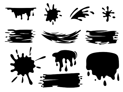 Hand drawn set of paint splatter and blob splash with different shapes