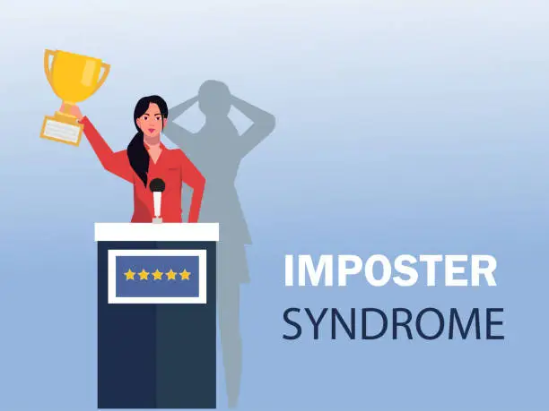 Vector illustration of Imposter syndrome.woman standing for her present profile with fear shadow behind. Anxiety and lack of self confidence at work; the person fakes is someone else concept. vector illustration.
