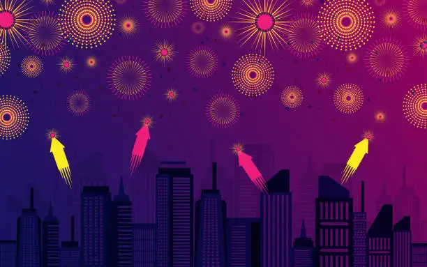 Vector illustration of Colourful Brightly Beautiful Fireworks Night Sky City Vector