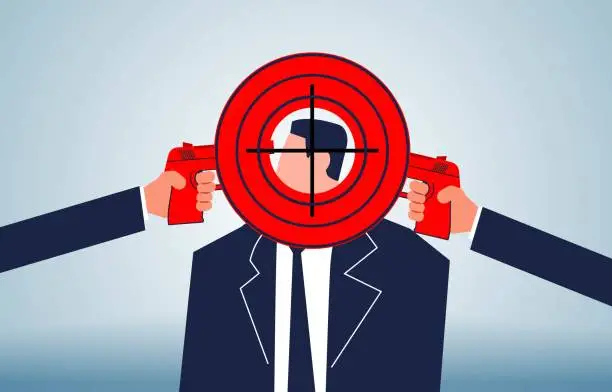 Vector illustration of Shootings or criminal cases, guns and murder, targeting people, job vacancies, personnel hiring, taking a pistol and aiming it at a businessman's head