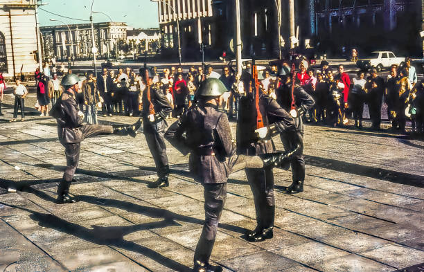 Honor Guard Goose Stepping Marching Neue Wache Original East German War Memorial Berlin Germany. 1971 Photo by contributor. Built in 1818. After WW 2,  Communist War Memorial Against Fascism.