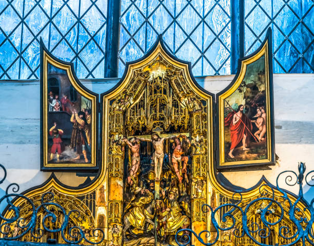 Medieval Crucifixion Triptych Shrine St Mary's Church Gdansk Poland.  Church originally from 1300s. Rebuilt after war.