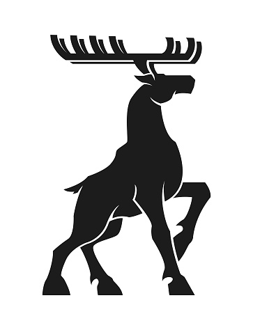 Stylized horned deer, reindeer, elk or stag with one hoof raised - cut out vector silhouette on white background
