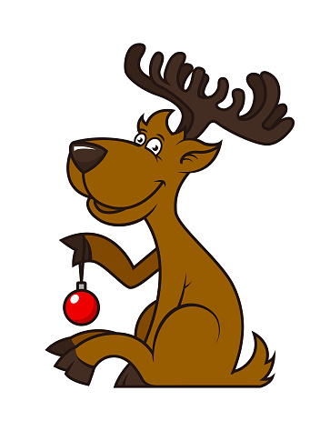 Funny cartoon Christmas and New Year's deer, stag elk or holding Christmas tree ball - vector illustration isolated on white background