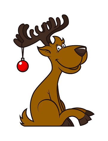 Funny cartoon Christmas and New Year's deer, stag elk with Christmas tree ball on antlers - vector illustration isolated on white background
