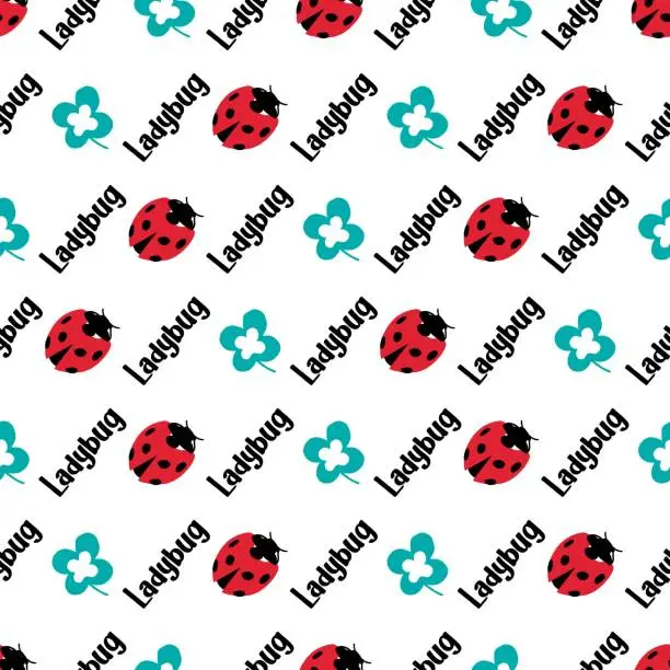 Vector illustration of Green Clover Leaf and Red Lady Bug Vector Seamless Pattern
