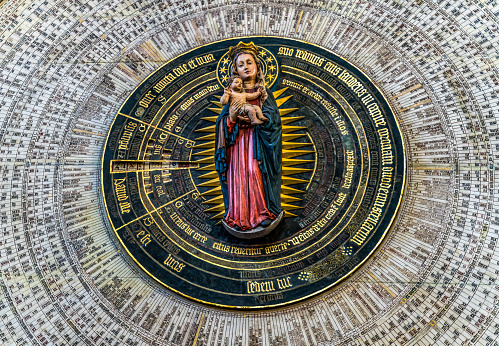 Virgin Mary Astronomical Clock St Mary's Church Gdansk Poland. Clock work of Hans Duringer 1470. Mary Jesus Center of Calendar Saints Days. Church originally from 1300s.