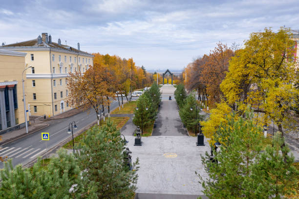 Republic of Bashkortostan, Ufa city in autumn: Chernikovka, Monument to the Grieving Mother and Komarova street. Aerial view.