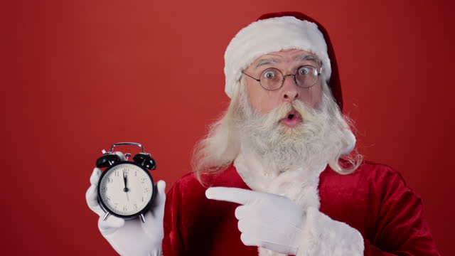 Shocked Santa Claus Pointing to Midnight on Alarm Clock