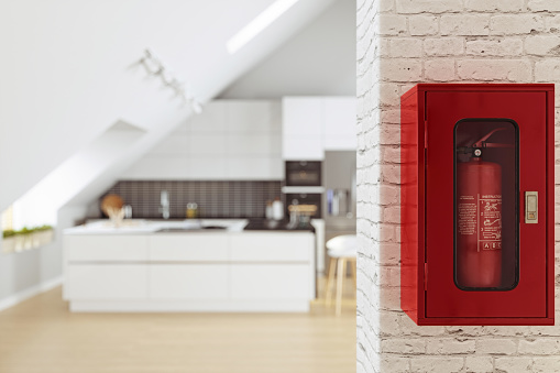 3d rendering red fire extinguisher in domestic use for home security