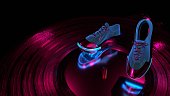 dancing abstract shoes, with neon light, on a vinyl record player, beautiful background for music, 3d render