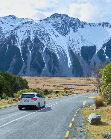 Glentanner, New Zealand August 2023 :A car Cruising heading to mount cook