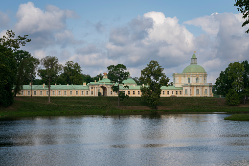 The Great (Menshikov) Palace from the side of the Lower Pond in the Oranienbaum Palace and Park Ensemble on a sunny summer day, Lomonosov, St. Petersburg, Russia