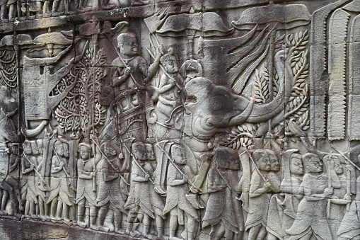 Ancient wall carving at The Bayon in Angkor Thom, Siem Reap