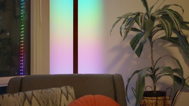 LED light stand illuminating a living room in the evening