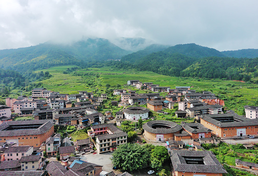 Hakka round houses village in Xiayang town, Fujian province .
