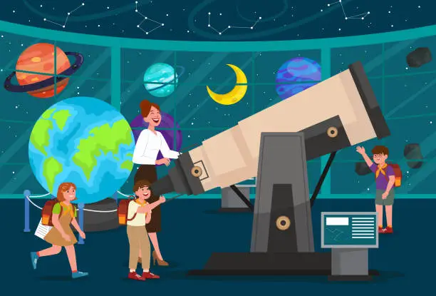 Vector illustration of Boy and girl scout groups go on a field trip to a planetarium to learn about the earth, stars and space