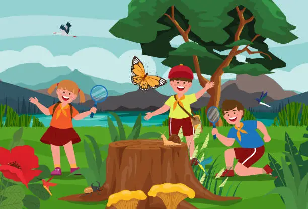 Vector illustration of Group of scouts, boys and girls Fun and relaxing field trip to study insects with a magnifying glass