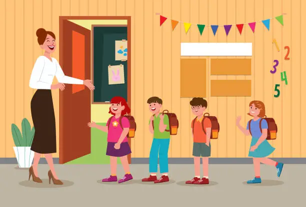 Vector illustration of Schoolchildren and teachers greet each other on the first day of school.