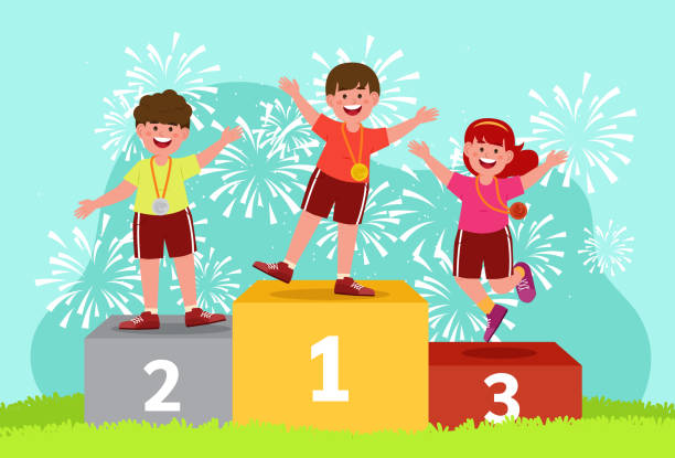 ilustrações de stock, clip art, desenhos animados e ícones de students sport winner standing on sport winners podium and receive gold, silver, and bronze medals - second place illustrations