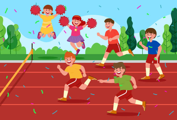 illustrazioni stock, clip art, cartoni animati e icone di tendenza di gli studenti partecipano a competizioni sportive scolastiche nel campo dell'atletica. - child running sport sports race