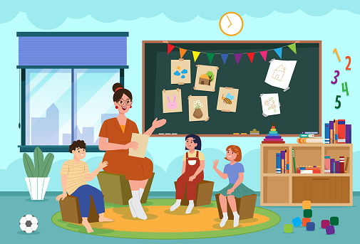 Back to school Education content illustration. Group of students painting art class. Teachers give advice and suggest improvements. Children learning a new skill, leisure activity in a group