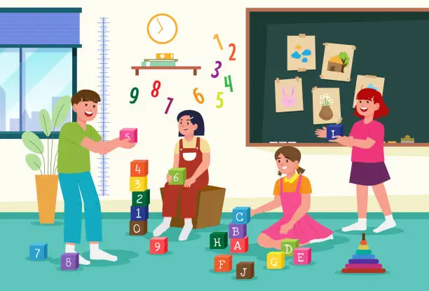 Vector illustration of A activity room scene with children playing math toy game and talking with calculation illustration.