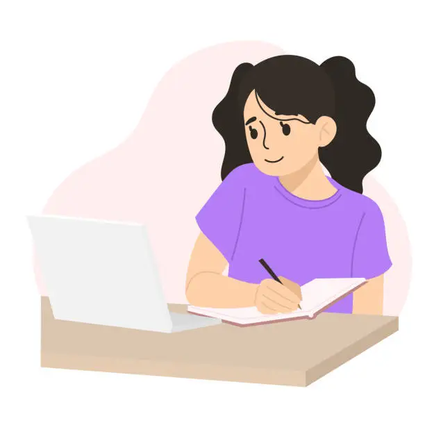 Vector illustration of A girl elementary school or high school student sitting at the desk at cozy home, studying online or do homework with laptop computer. Teenage girl learning or search knowledge from the internet. Concept of school, homeschool, technology and education.