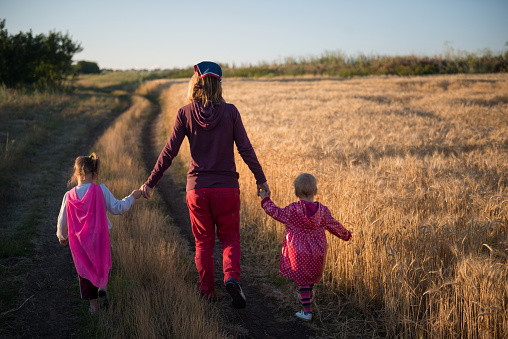 Mother and two children walk along a scenic road through wheat field. Happy family.
