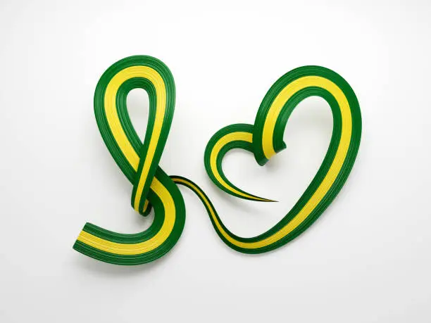 3d Flag Of Brazil Heart Shaped Shiny Wavy Awareness Ribbon flag On White Background 3d Illustration