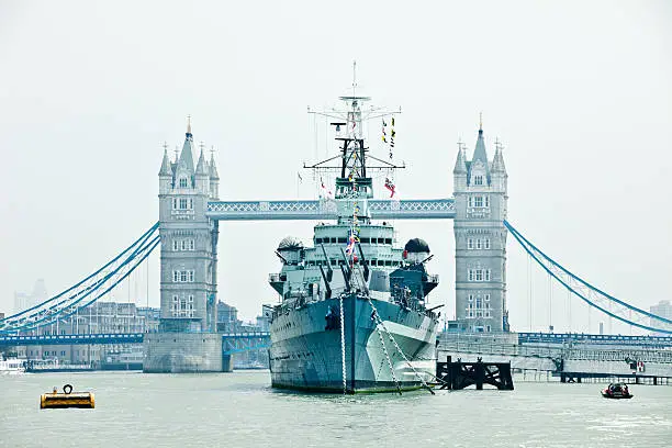 Photo of HMS Belfast battle ship on Thames river