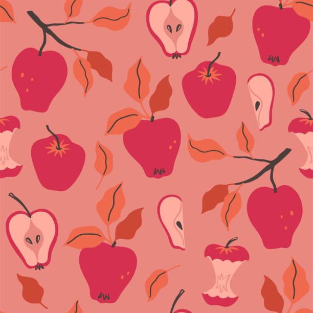 осенний бесшовный узор с красными яблоками. векторная графика. - tree book apple apple tree stock illustrations