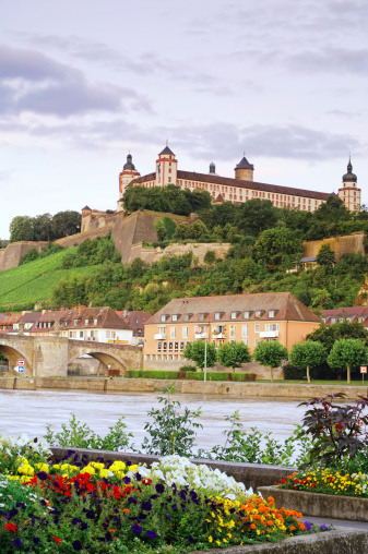 The Fortress Marienberg, surrounding wineyards and the Alte Mainbruecke (old Main river bridge) in Wurzburg at dawn. 