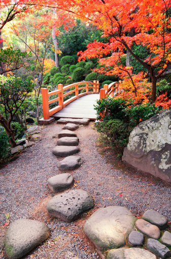 Bridge and footpath in public Japanese garden.