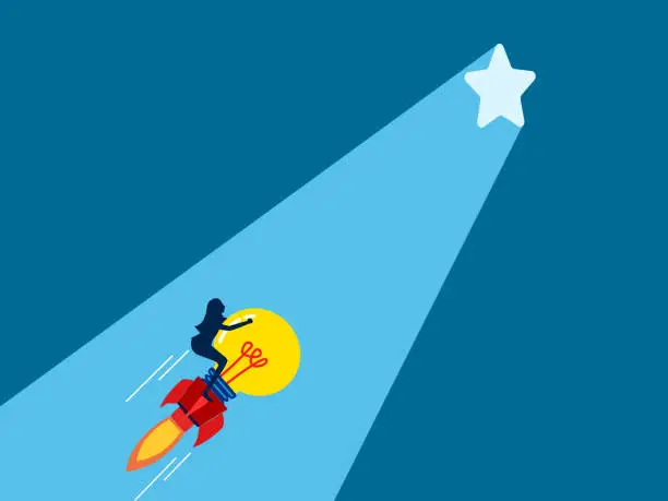 Vector illustration of Knowledge creates success. Businesswoman driving a lightbulb rocket heading towards the star door