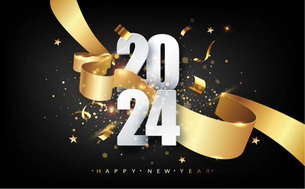 2024년 새해 복 많이 받으세요 황금 선물 활, 색종이, 흰색 숫자가 있는 벡터 배경. 크리스마스는 디자인을 축하합니다. - motion snowflake backgrounds blue stock illustrations