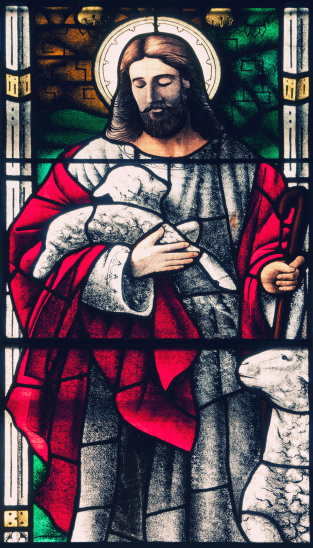 Highly detailed stained glass window in a Baptist Church.