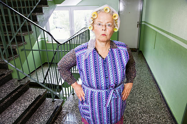 angry retro housewife with curler, about to complain to her neighbours