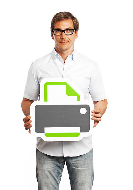 Man holding printer sign isolated on white background.  Image from \