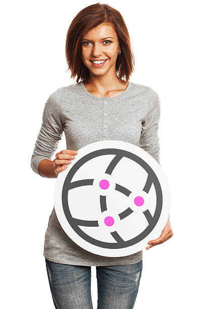 istock Smiling young woman holding network sign isolated on white background. 170939115