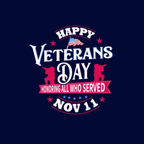 Vector illustration of Veterans day, hand lettering with USA flag and soldiers illustration. November 11 holiday background. poster, greeting card