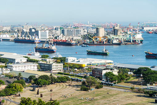 Kaohsiung, Taiwan- May 6, 2023: Overlooking the port of Kaohsiung and Hamasen Railway Cultural Park in Kaohsiung, Taiwan.