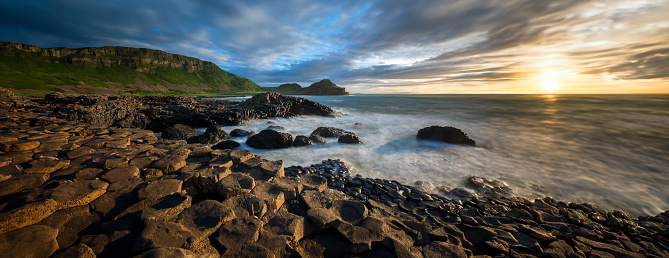 AI extended view of the Giants Causeway in County Antrim, Northern Ireland. Long exposure.
