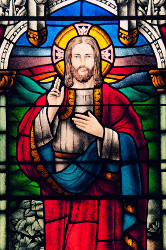 Highly detailed stained glass window in a Baptist Church.