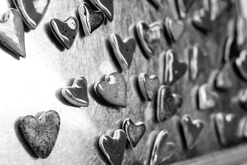 Heart-shaped magnets. Krakow. Black and white