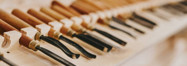istock Carpentry workshop, furniture production manufactory, woodworking tools set close-up 1709453301