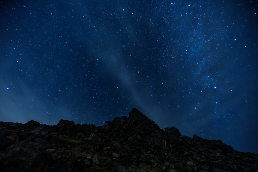 A sky full of stars and the Milky Way shining above the rocky mountain of Mt. Nasu (Mt. Chausu) at night