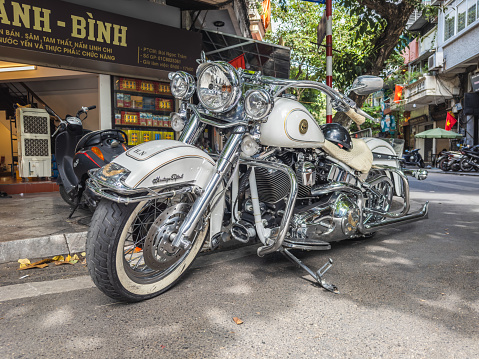High-powered motorcycle and motorcycle parts of Harley Davidson motorcycle. Hanoi, Vietnam - September 2, 2023.