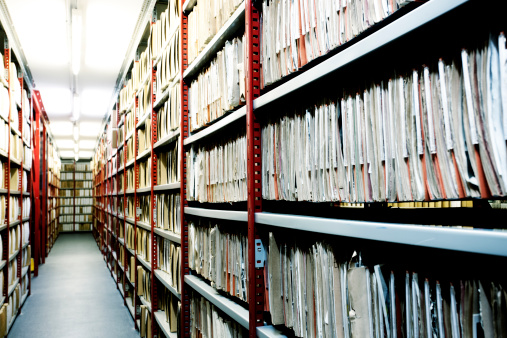 Shelves housing historic photographs in the Hulton Archives.